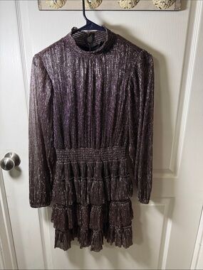 Metallic Purple Long-Sleeve Ruffle Mini Dress